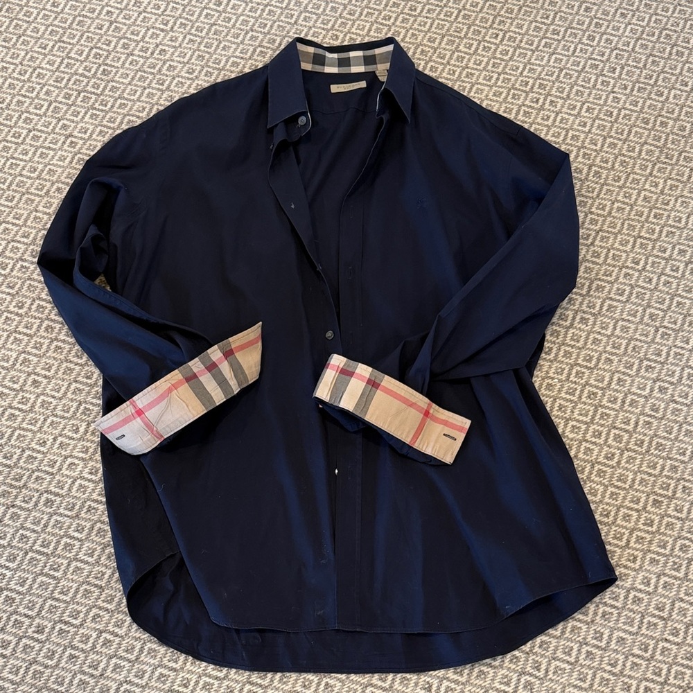 Burberry Brit Navy Shirt with Checkered Trim